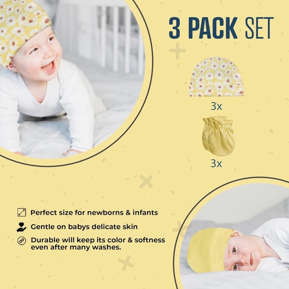 MODERN BABY Cap & Scratch Mittens Unisex 3 Pack Set Newborn Babies Infant Beanie - Picture 5 of 5